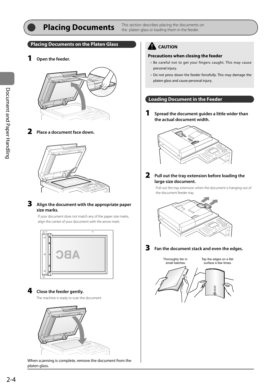 Placing documents, Placing documents on the platen glass, Loading document in the feeder | Pl acing documents | Canon ImageCLASS MF8050Cn User Manual | Page 40 / 159