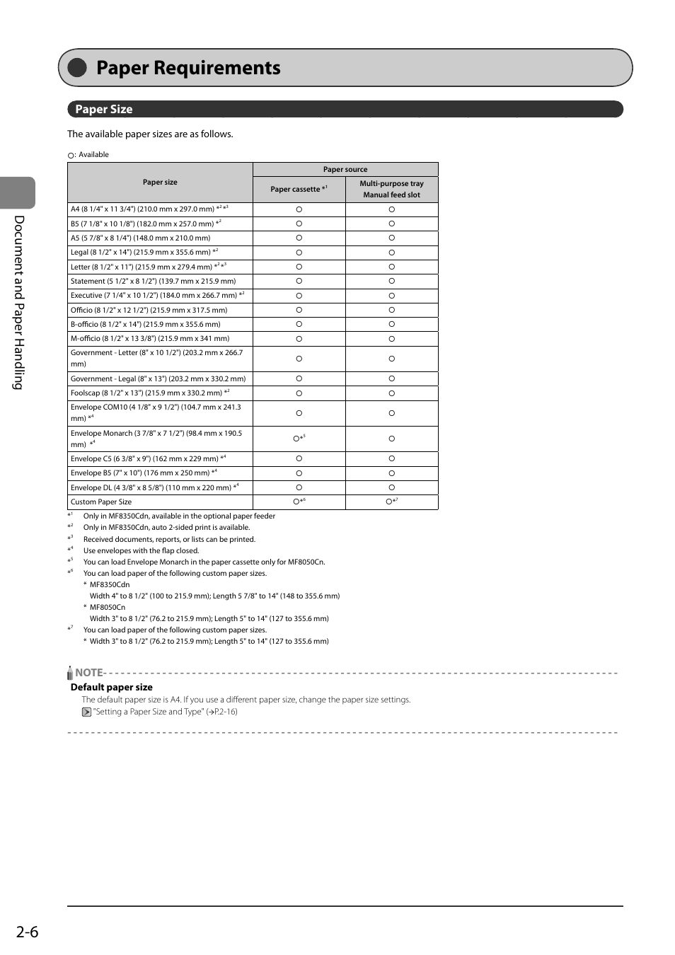 Paper requirements, Paper size, Paper r equi rements | Do cument and p aper handling | Canon ImageCLASS MF8050Cn User Manual | Page 42 / 159