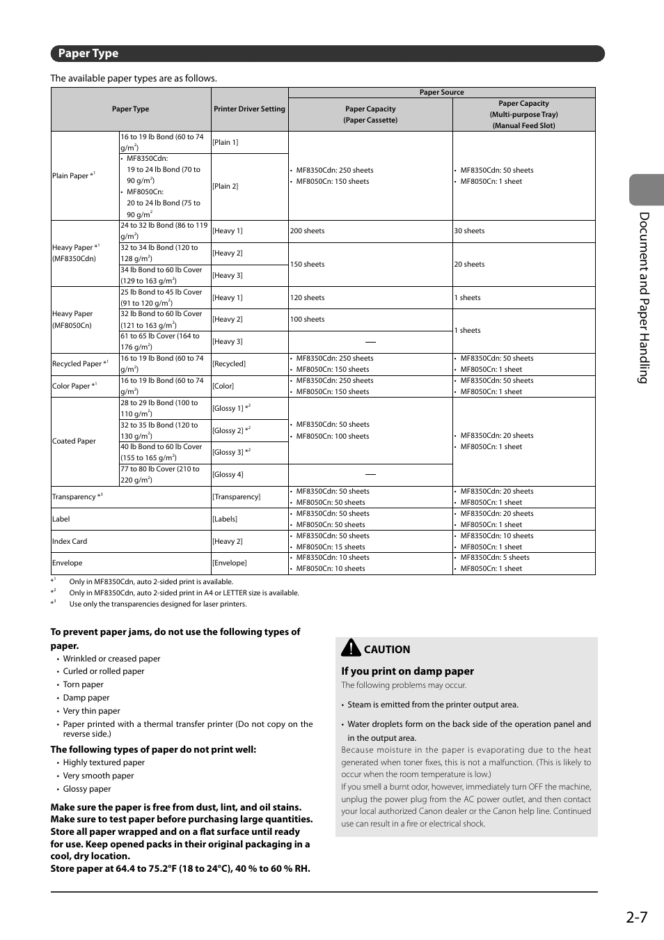 Paper type, Do cument and p aper handling, Caution if you print on damp paper | Canon ImageCLASS MF8050Cn User Manual | Page 43 / 159