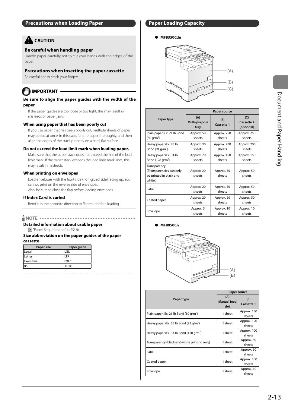 Precautions when loading paper, Paper loading capacity, See "precautions | When loading paper, P.2-13), Eed slot, see "precautions, Do cument and p aper handling, Caution be careful when handling paper, Precautions when inserting the paper cassette, Important | Canon ImageCLASS MF8050Cn User Manual | Page 49 / 159