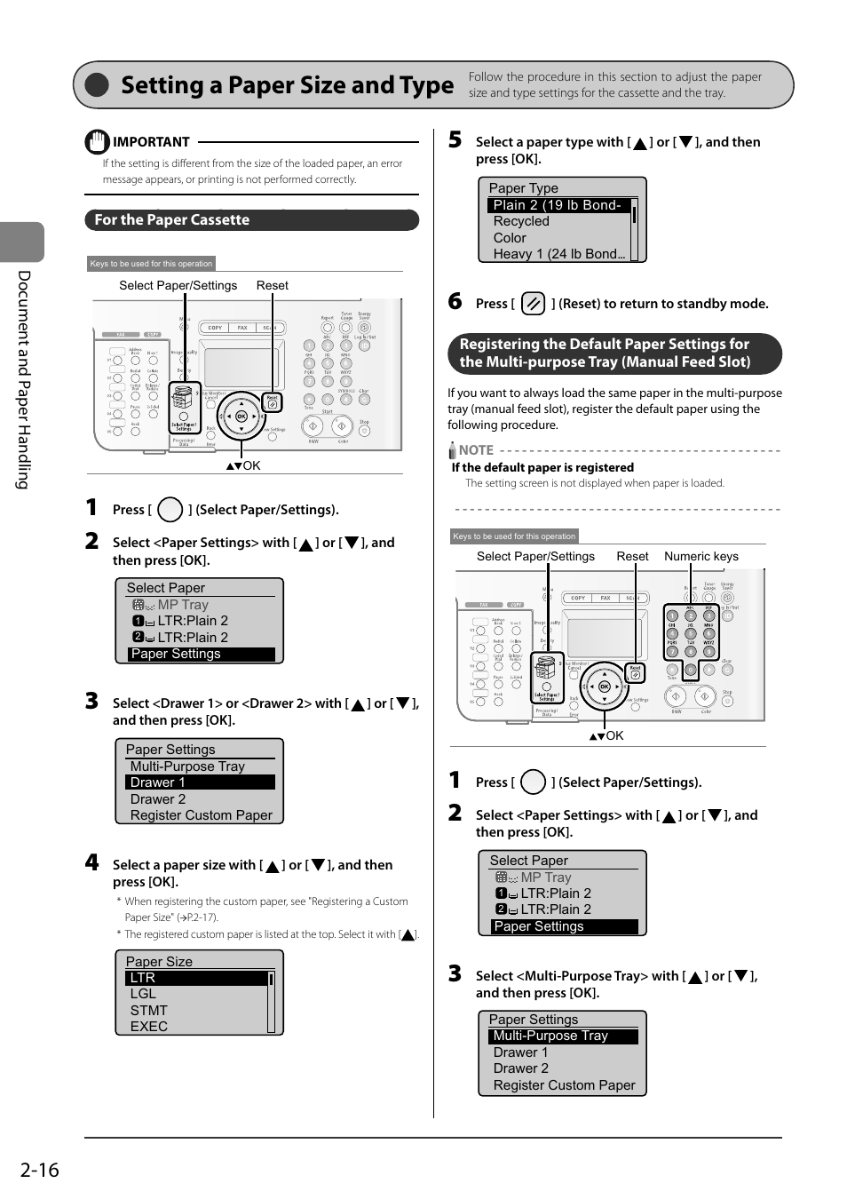 Setting a paper size and type, For the paper cassette, Manual feed slot) | P.2-16), E in "setting a paper size and type, Do cument and p aper handling | Canon ImageCLASS MF8050Cn User Manual | Page 52 / 159