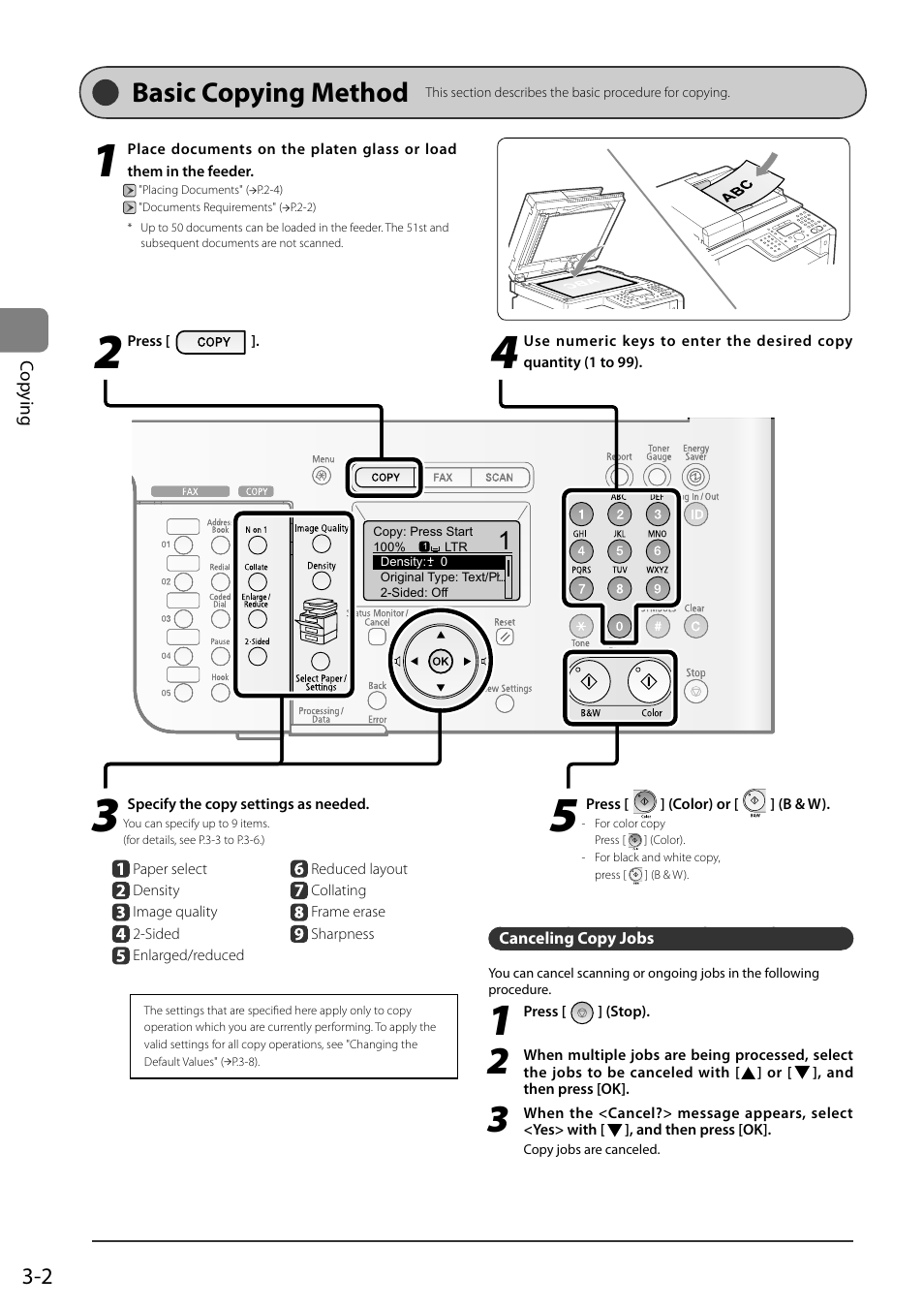 Basic copying method, Canceling copy jobs | Canon ImageCLASS MF8050Cn User Manual | Page 58 / 159