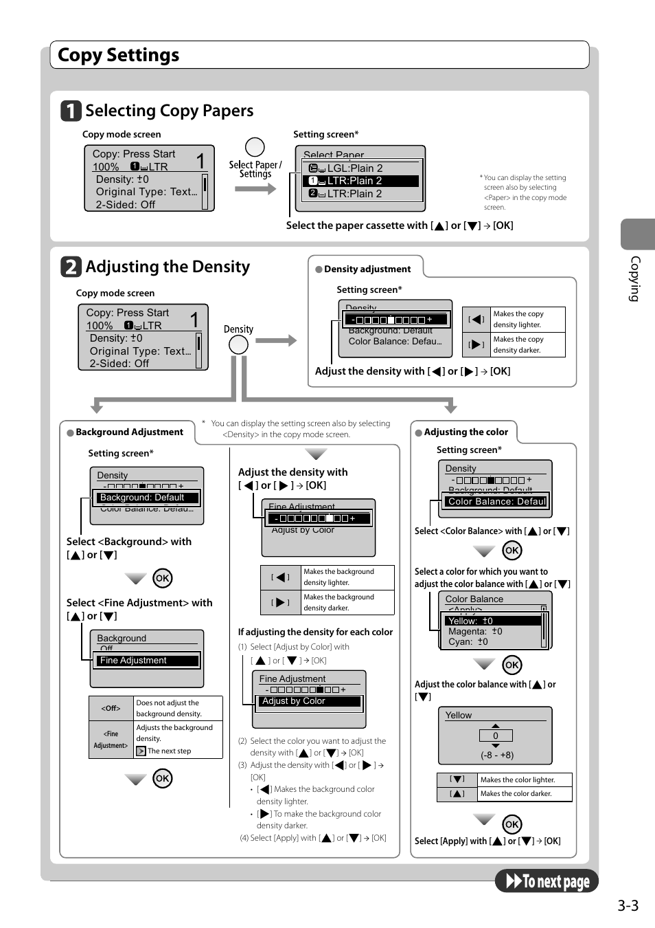 Copy settings, Selecting copy papers, Adjusting the density | See p.3-3 t, Cop ying | Canon ImageCLASS MF8050Cn User Manual | Page 59 / 159