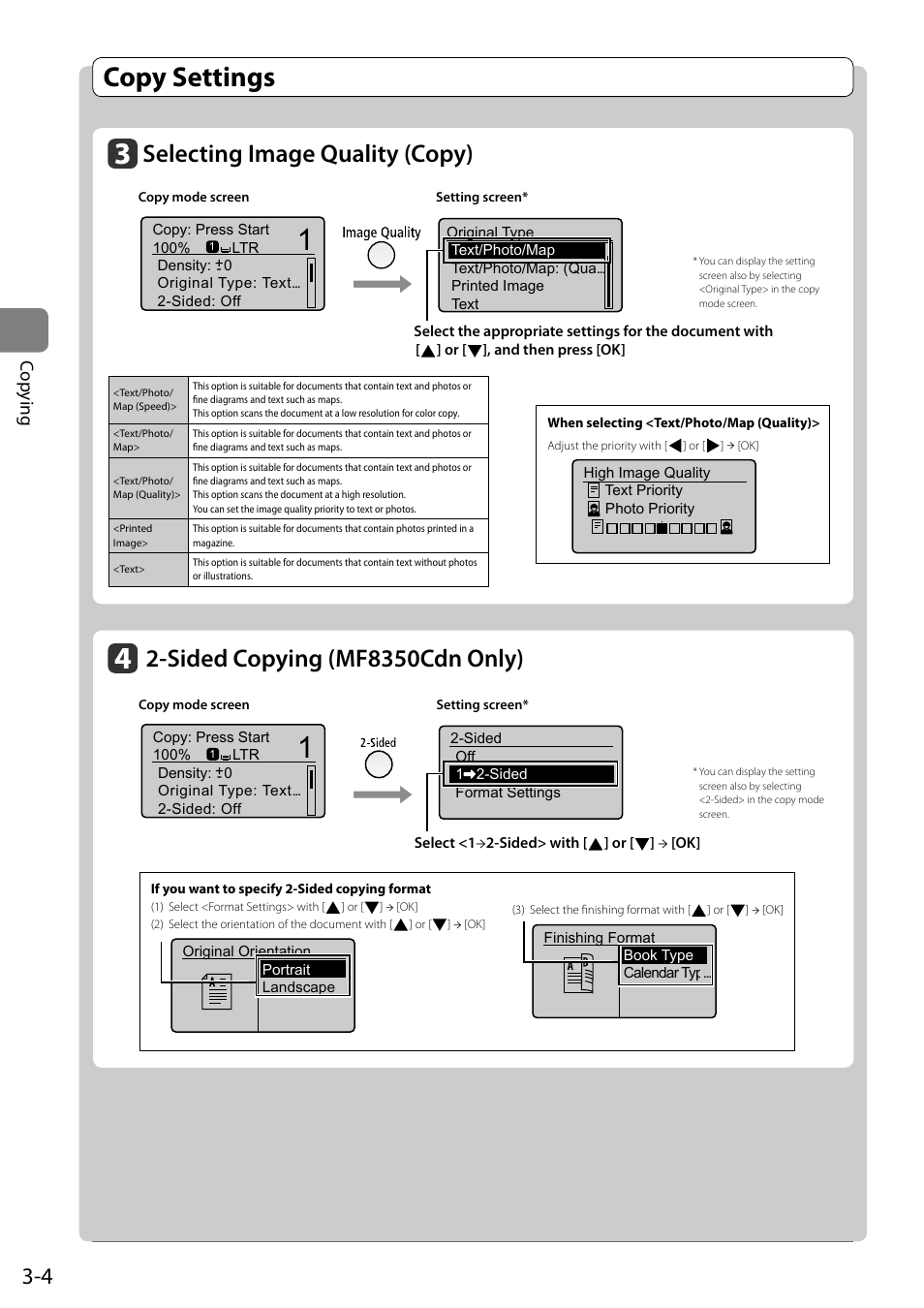 Selecting image quality (copy), Sided copying (mf8350cdn only), Copy settings | Cop ying | Canon ImageCLASS MF8050Cn User Manual | Page 60 / 159