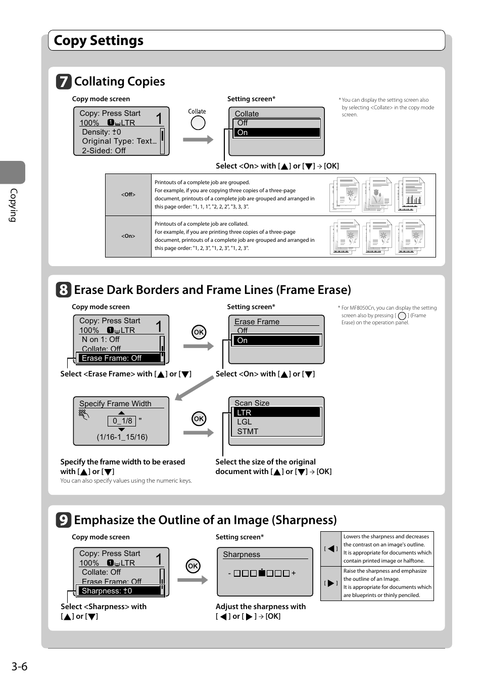 Collating copies, Erase dark borders and frame lines (frame erase), Emphasize the outline of an image (sharpness) | O p.3-6, Copy settings, Erase dark borders and frame lines ( frame erase), Emphasize the outline of an image ( sharpness), Cop ying | Canon ImageCLASS MF8050Cn User Manual | Page 62 / 159