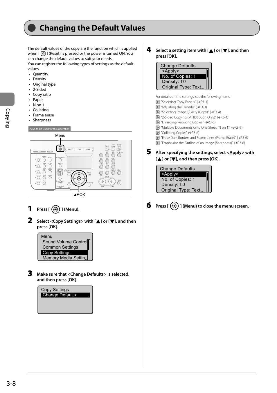 Changing the default values, See "changing the default values, P.3-8) | Ch anging the default values, Cop ying | Canon ImageCLASS MF8050Cn User Manual | Page 64 / 159