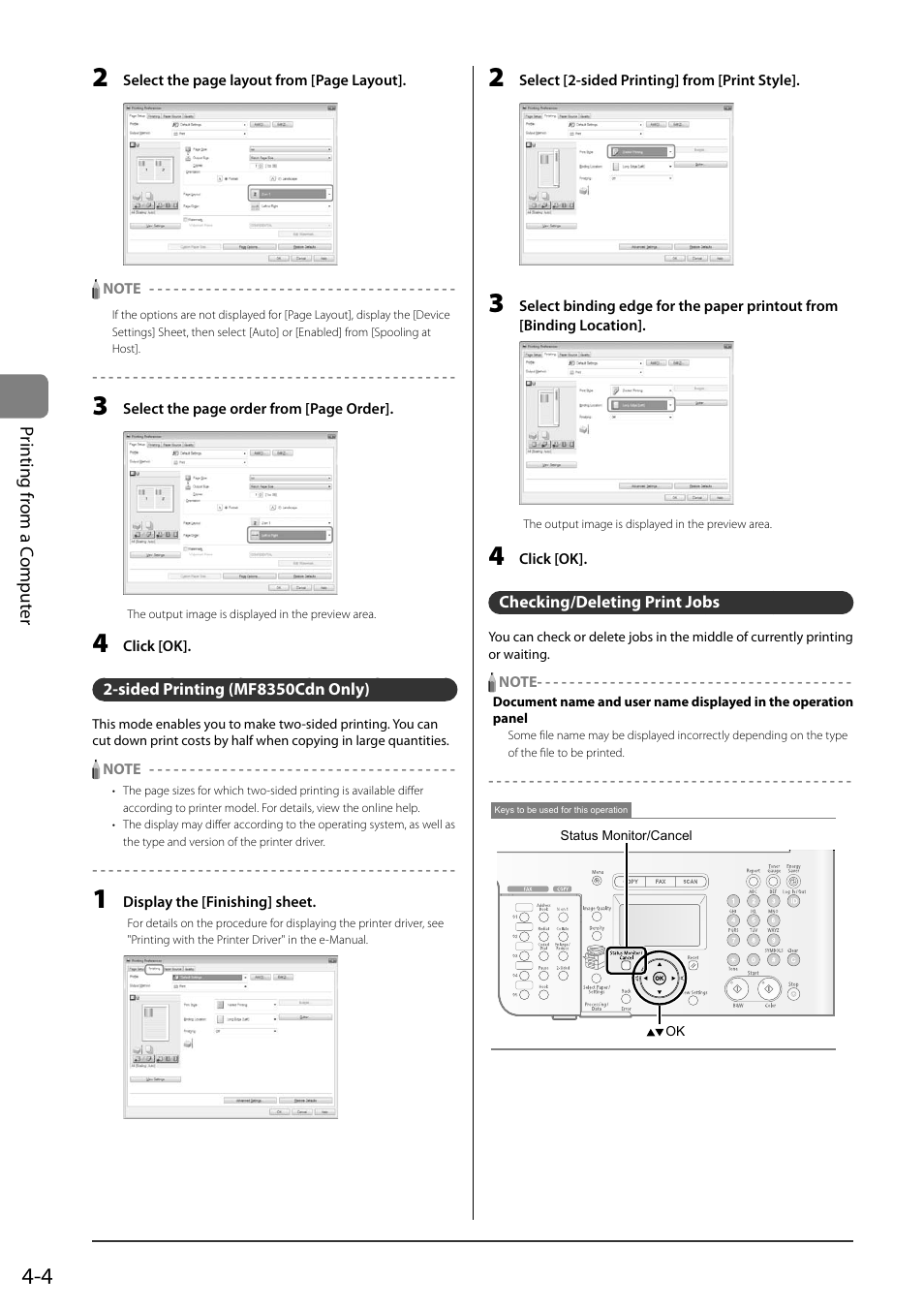 Sided printing (mf8350cdn only), Checking/deleting print jobs | Canon ImageCLASS MF8050Cn User Manual | Page 68 / 159