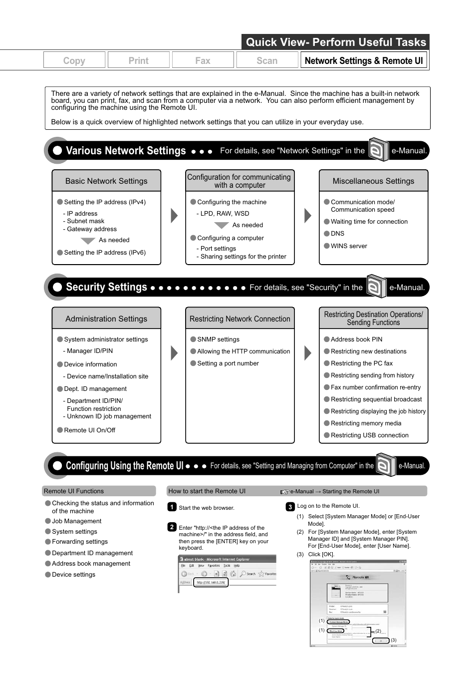 Quick view- perform useful tasks, Various network settings, Security settings | Configuring using the remote ui, Copy print fax scan network settings & remote ui | Canon ImageCLASS MF8050Cn User Manual | Page 7 / 159