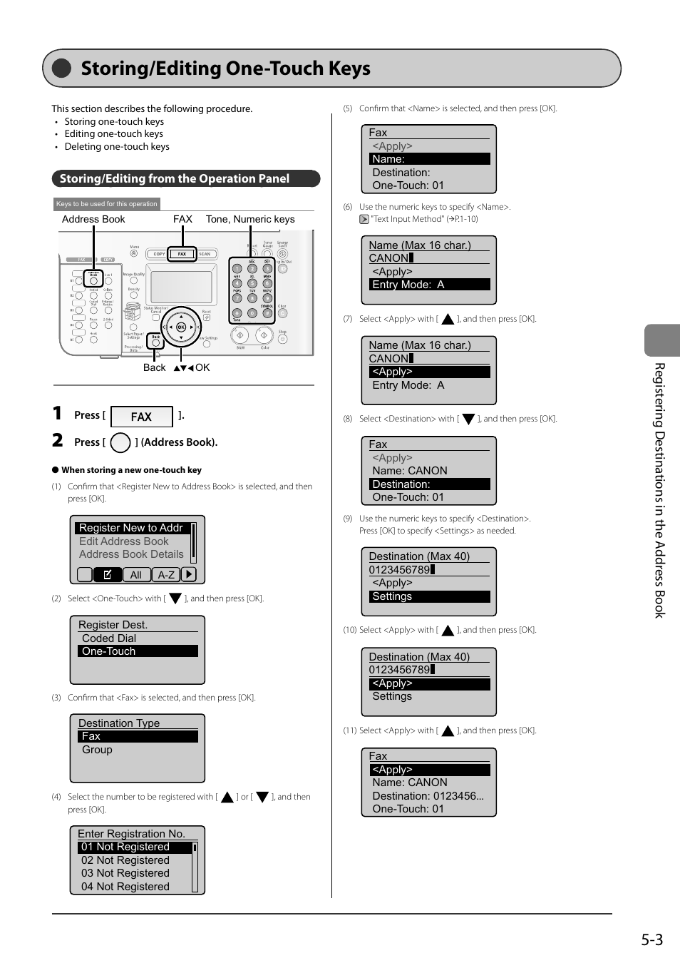 Storing/editing one-touch keys, Storing/editing from the operation panel, P.5-3) | Sto ring/e diting one-touch keys, Regist ering d estinations in the a ddr ess book | Canon ImageCLASS MF8050Cn User Manual | Page 73 / 159