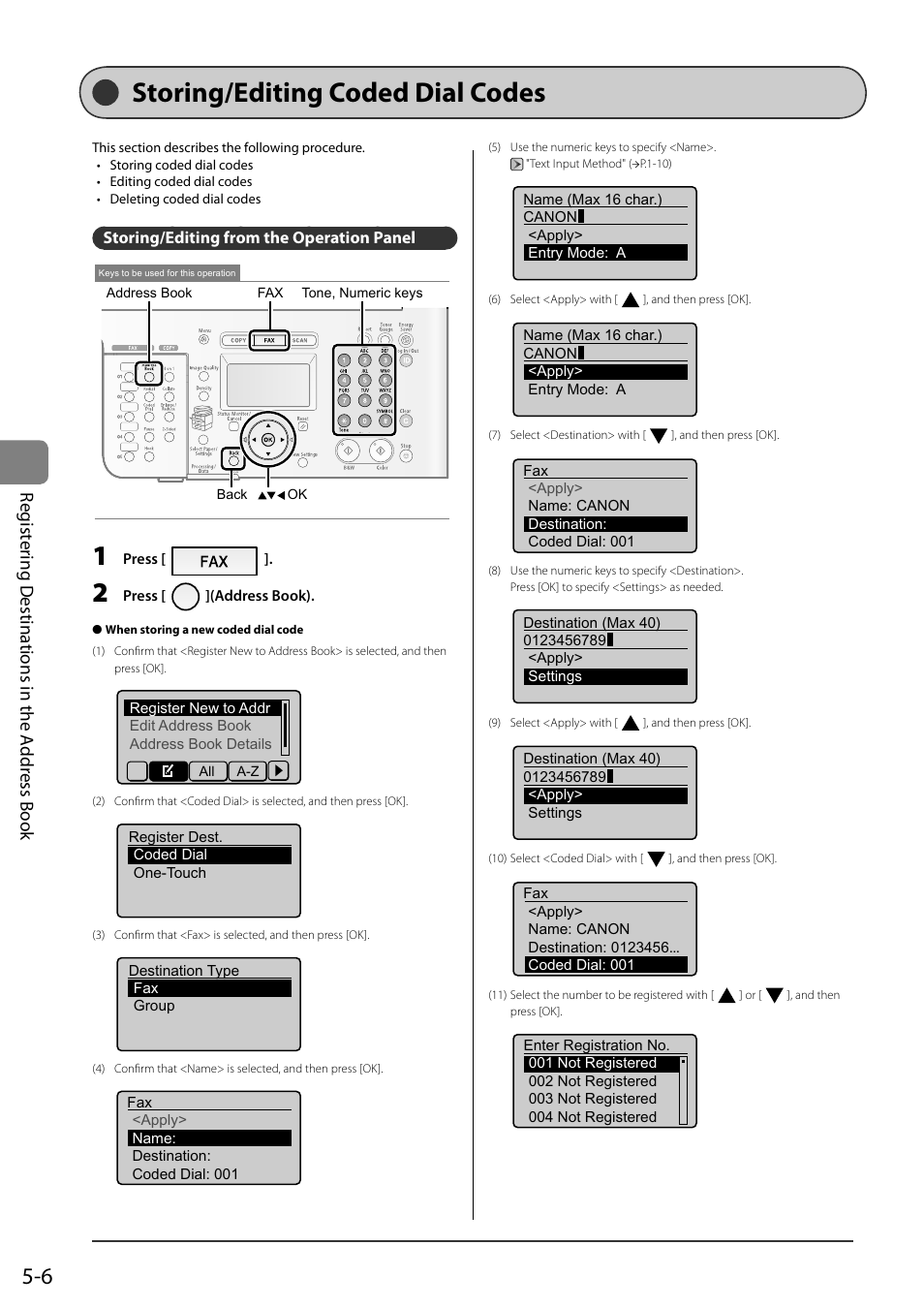 Storing/editing coded dial codes, Storing/editing from the operation panel, P.5-6) | St oring/ed iting coded dial codes, Regist ering d estinations in the a ddr ess book | Canon ImageCLASS MF8050Cn User Manual | Page 76 / 159