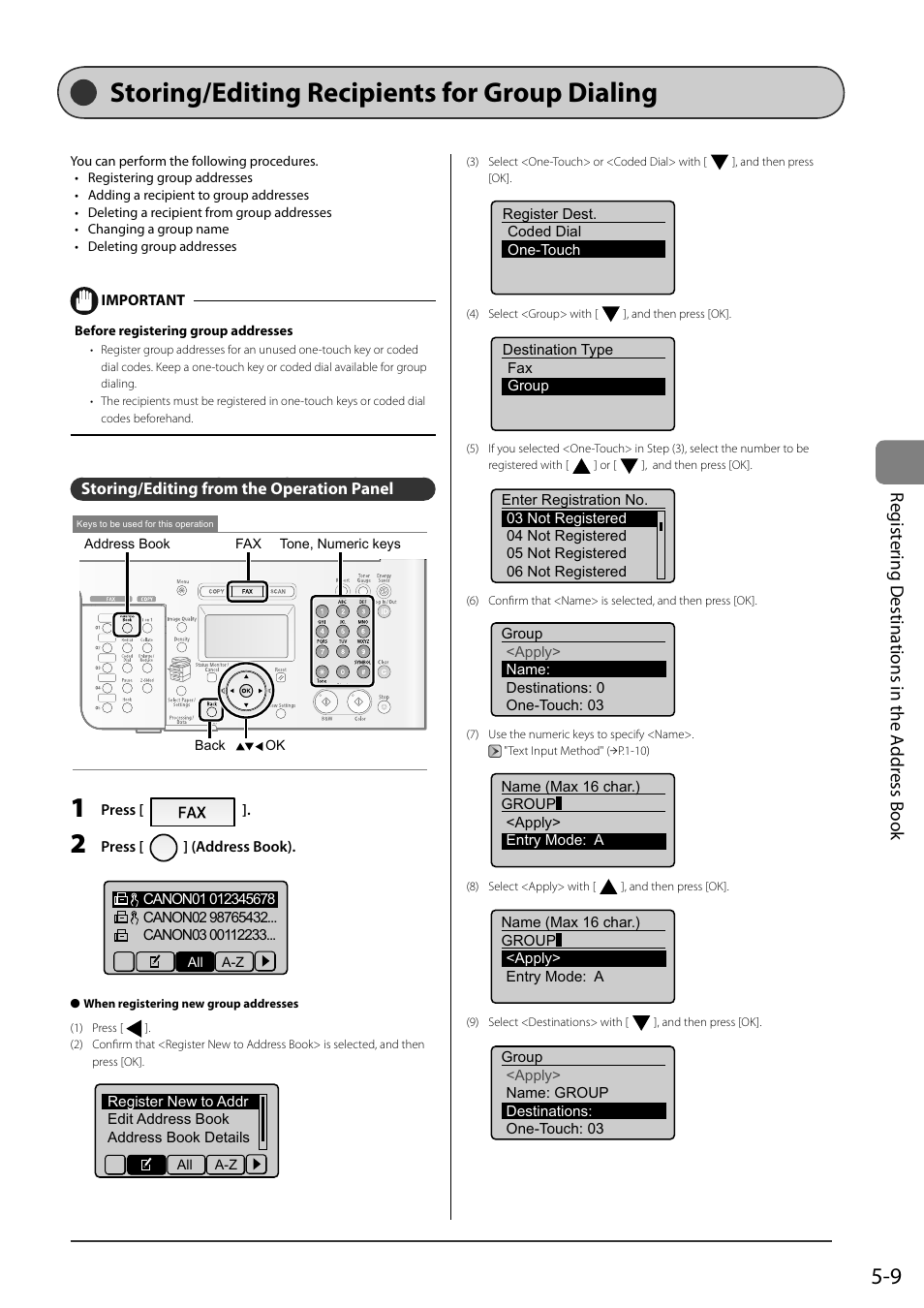 Storing/editing recipients for group dialing, Storing/editing from the operation panel, P.5-9) | Sto ring/e diting recipients for group dialing, Regist ering d estinations in the a ddr ess book | Canon ImageCLASS MF8050Cn User Manual | Page 79 / 159