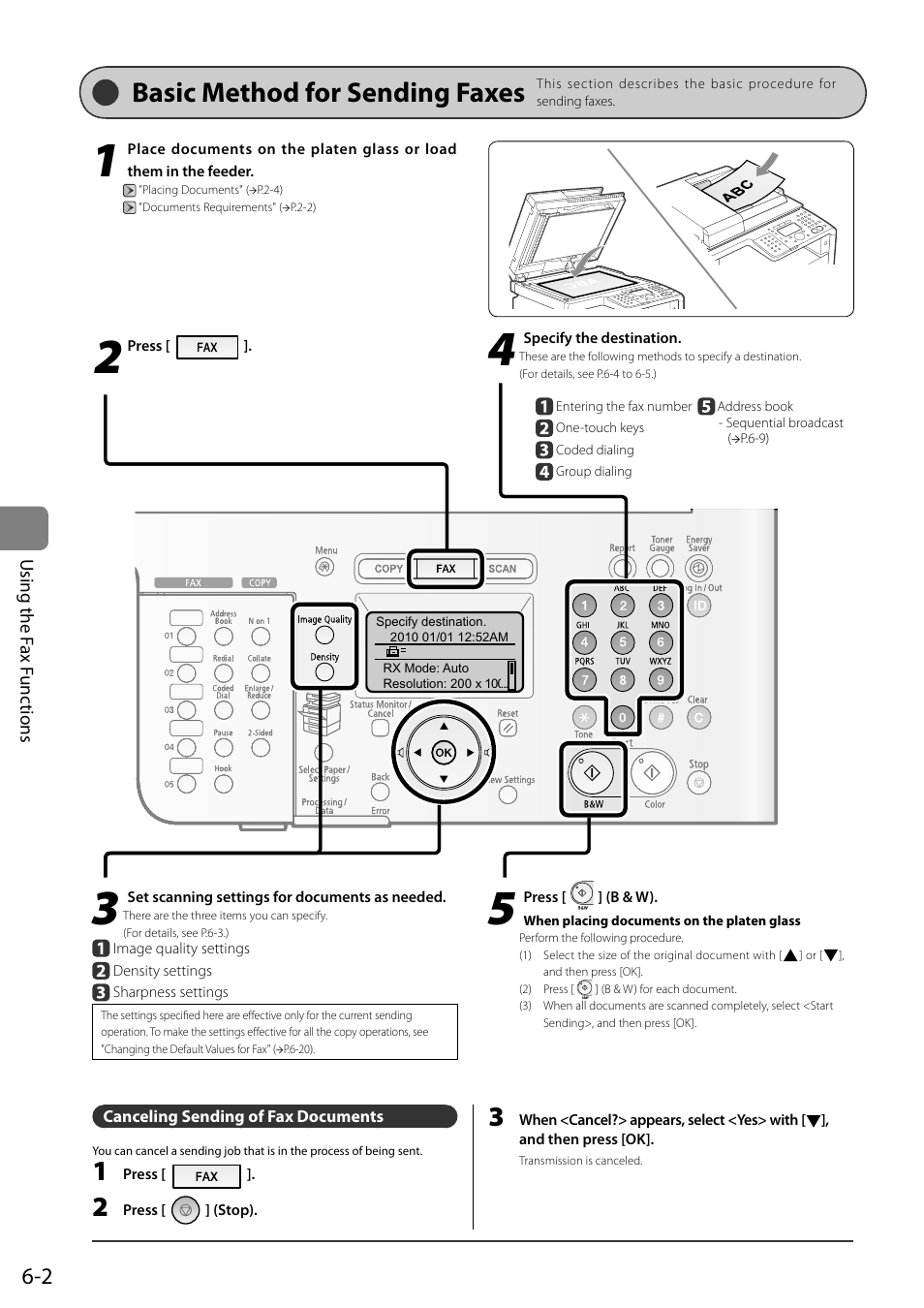 Basic method for sending faxes, Canceling sending of fax documents | Canon ImageCLASS MF8050Cn User Manual | Page 86 / 159