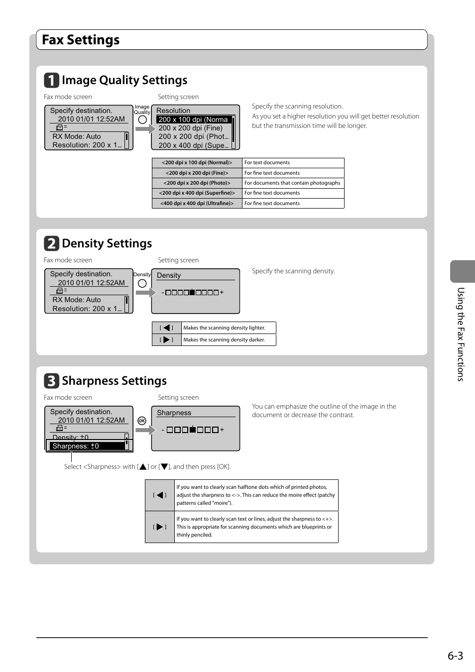 Fax settings, Image quality settings, Density settings | Sharpness settings, See p.6-3 .), I mage quality settings, Sh arpness settings, D ensity settings, Using the f ax f unc tions | Canon ImageCLASS MF8050Cn User Manual | Page 87 / 159
