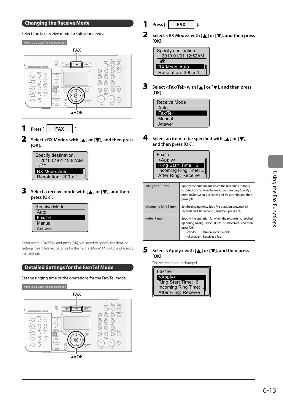 Changing the receive mode, Detailed settings for the fax/tel mode, Using the f ax f unc tions | Canon ImageCLASS MF8050Cn User Manual | Page 97 / 159