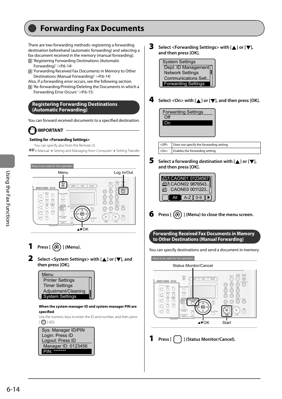 Forwarding fax documents, Destinations (manual forwarding), Using the f ax f unc tions | Canon ImageCLASS MF8050Cn User Manual | Page 98 / 159