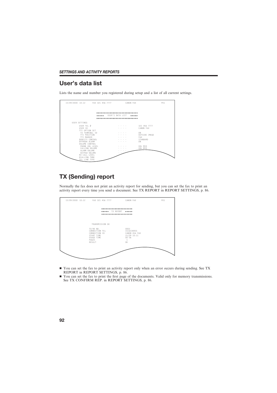 User’s data list, Tx (sending) report, Settings and activity reports | Canon B155 User Manual | Page 104 / 140