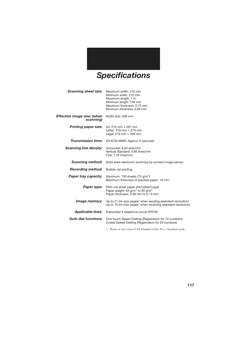 Specifications | Canon B155 User Manual | Page 129 / 140