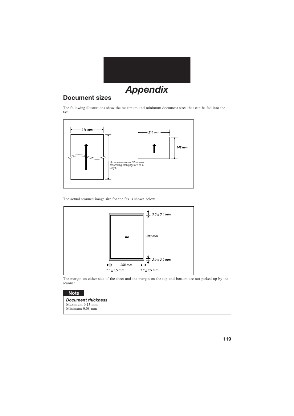 Appendix, Document sizes | Canon B155 User Manual | Page 131 / 140