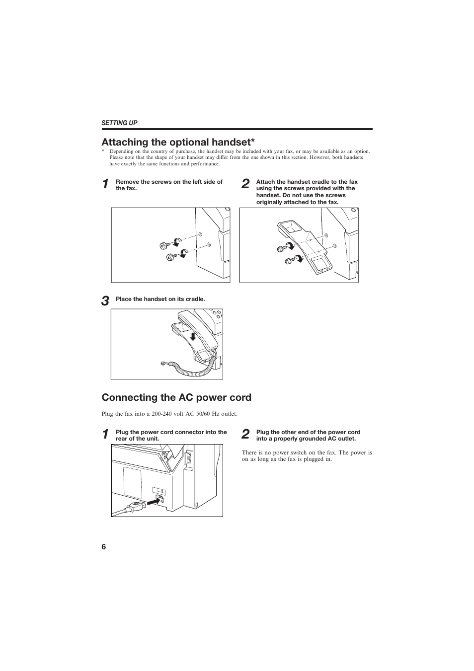 Attaching the optional handset, Connecting the ac power cord | Canon B155 User Manual | Page 18 / 140