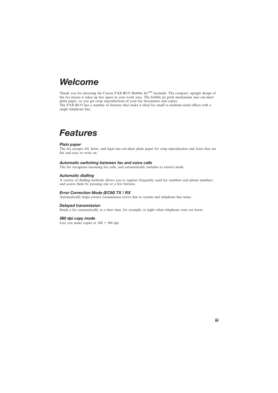Welcome, Features | Canon B155 User Manual | Page 3 / 140