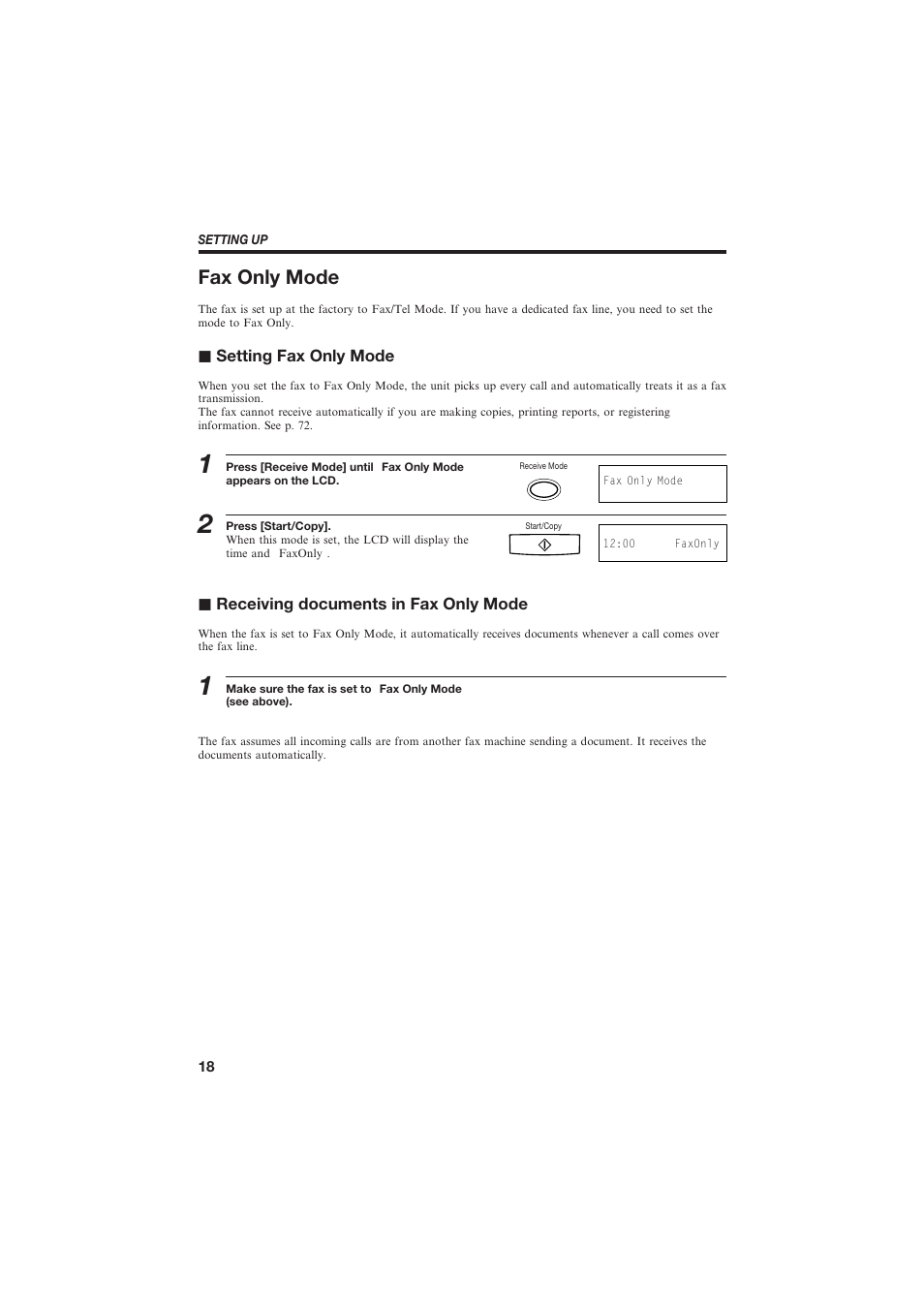 Fax only mode, J setting fax only mode, J receiving documents in fax only mode | Canon B155 User Manual | Page 30 / 140