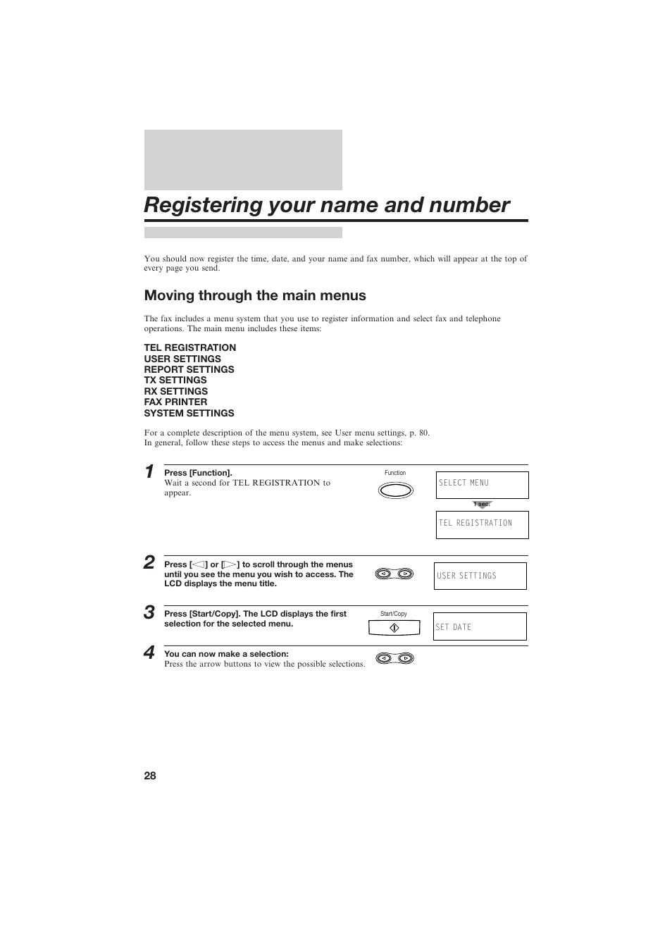 Registering your name and number, Moving through the main menus | Canon B155 User Manual | Page 40 / 140