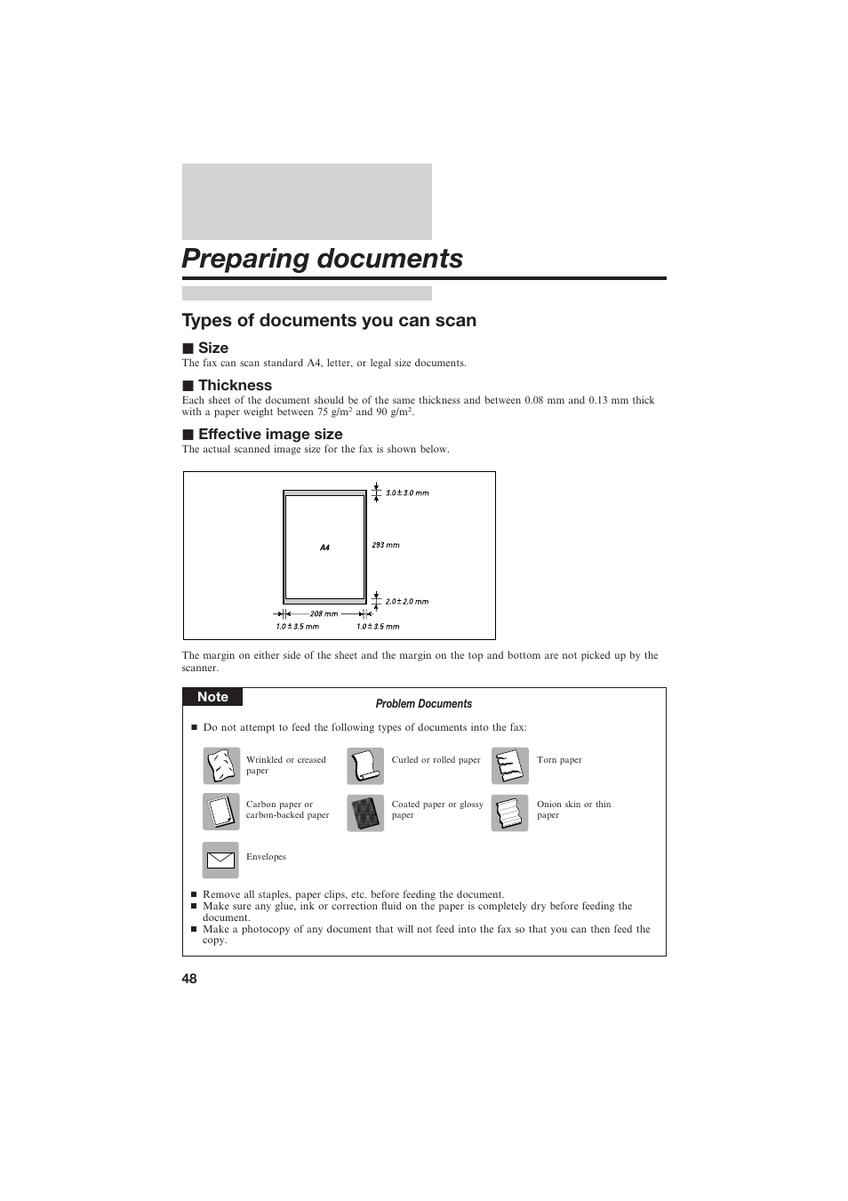 Preparing documents, Types of documents you can scan, J size | J thickness, J effective image size | Canon B155 User Manual | Page 60 / 140