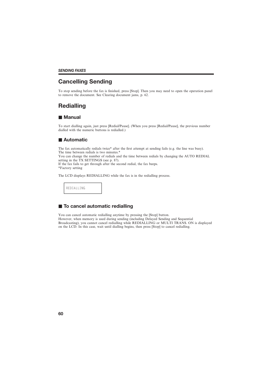 Cancelling sending, Redialling, J manual | J automatic, J to cancel automatic redialling | Canon B155 User Manual | Page 72 / 140