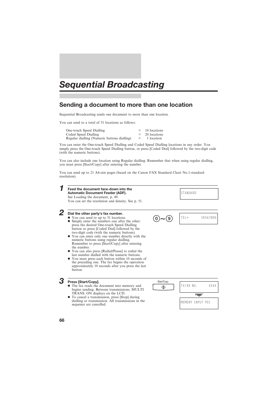 Sequential broadcasting, Sending a document to more than one location | Canon B155 User Manual | Page 78 / 140