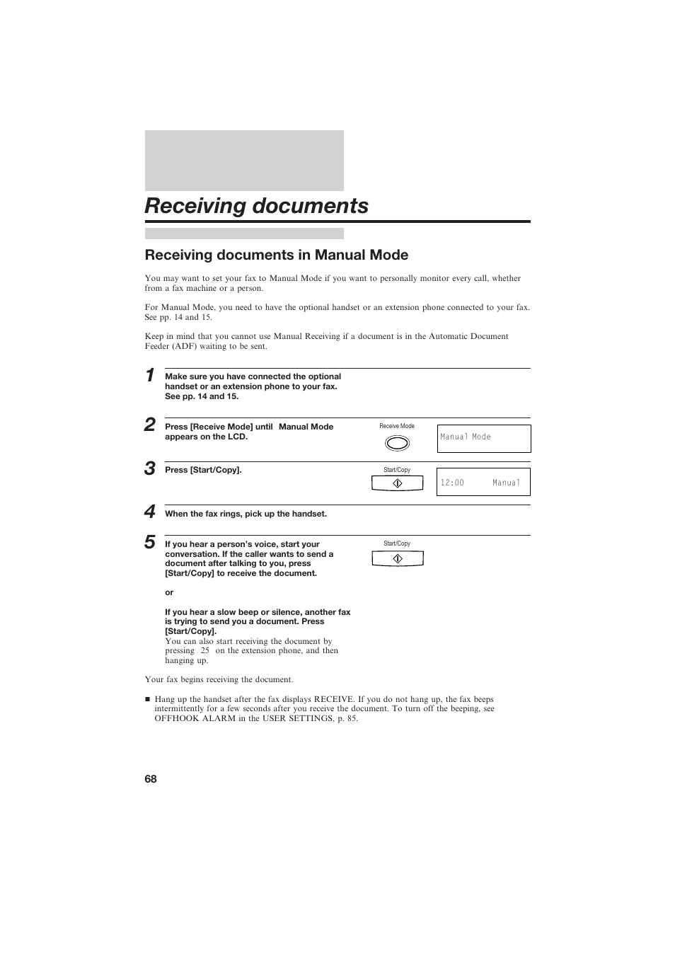 Receiving documents, Receiving documents in manual mode | Canon B155 User Manual | Page 80 / 140