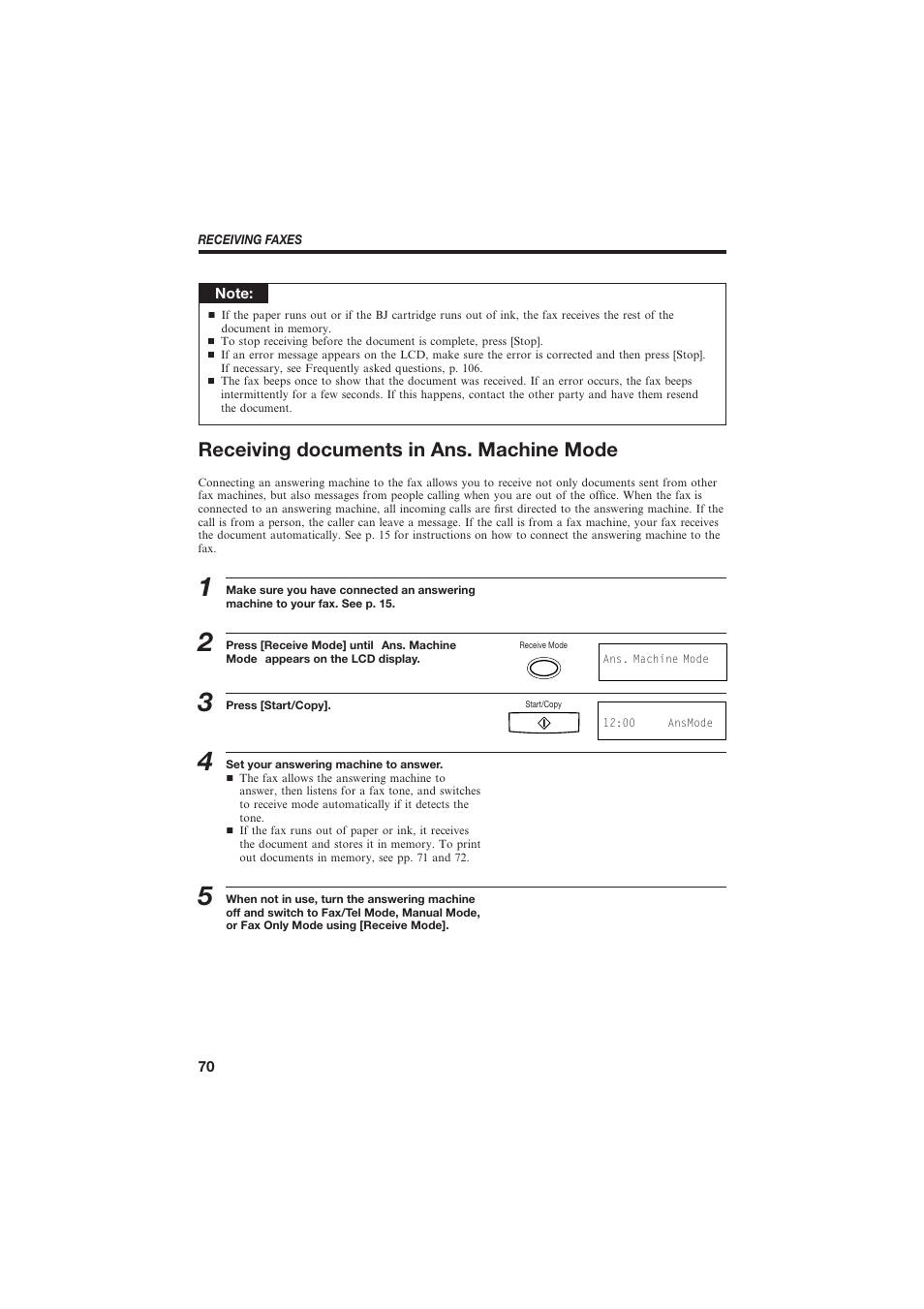 Receiving documents in ans. machine mode | Canon B155 User Manual | Page 82 / 140