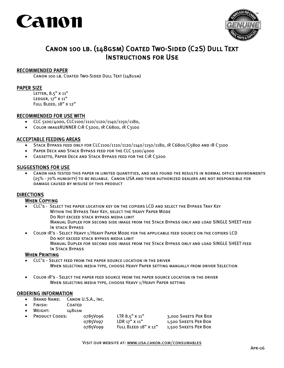 Canon 148GSM C2S User Manual | 1 page