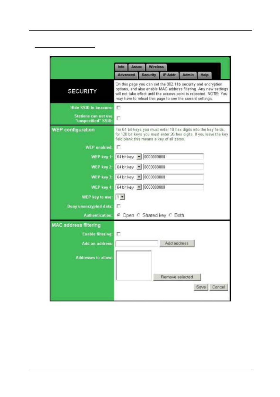 The security tab, Ecurity, 11mbps wireless access point user's manual | ConnectGear WA300 User Manual | Page 23 / 35