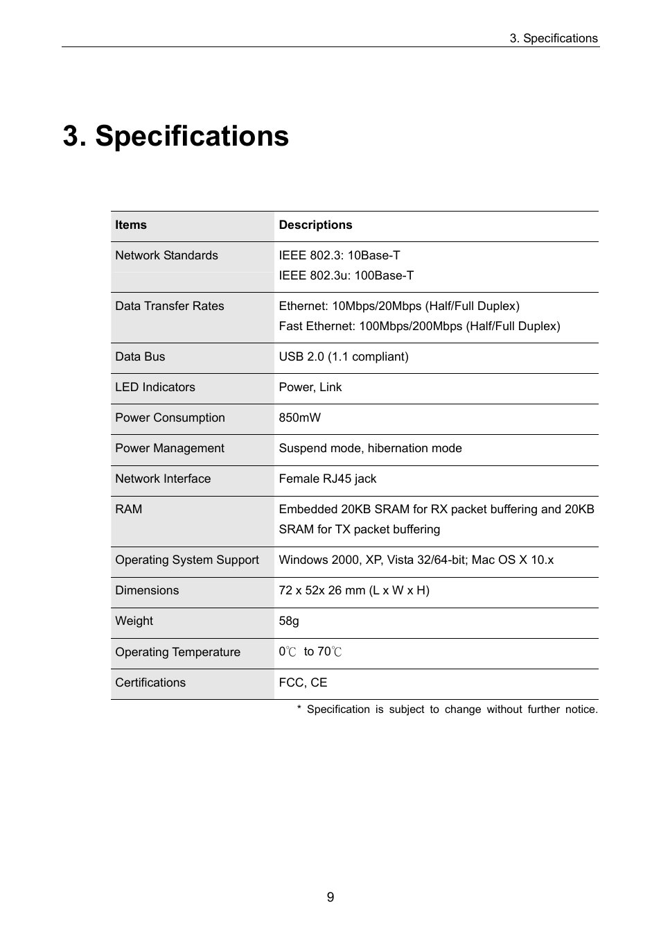 Specifications | ConnectGear UE200 User Manual | Page 12 / 13