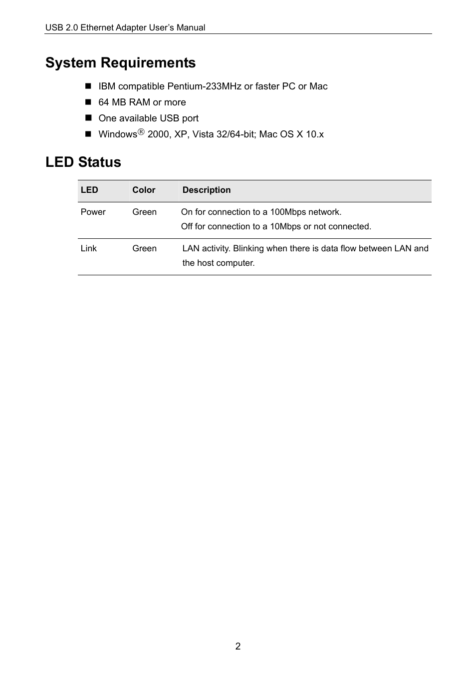 System requirements, Led status, System requirements led status | ConnectGear UE200 User Manual | Page 5 / 13
