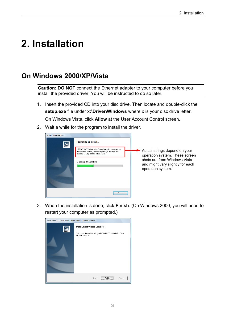 Installation, On windows 2000/xp/vista | ConnectGear UE200 User Manual | Page 6 / 13