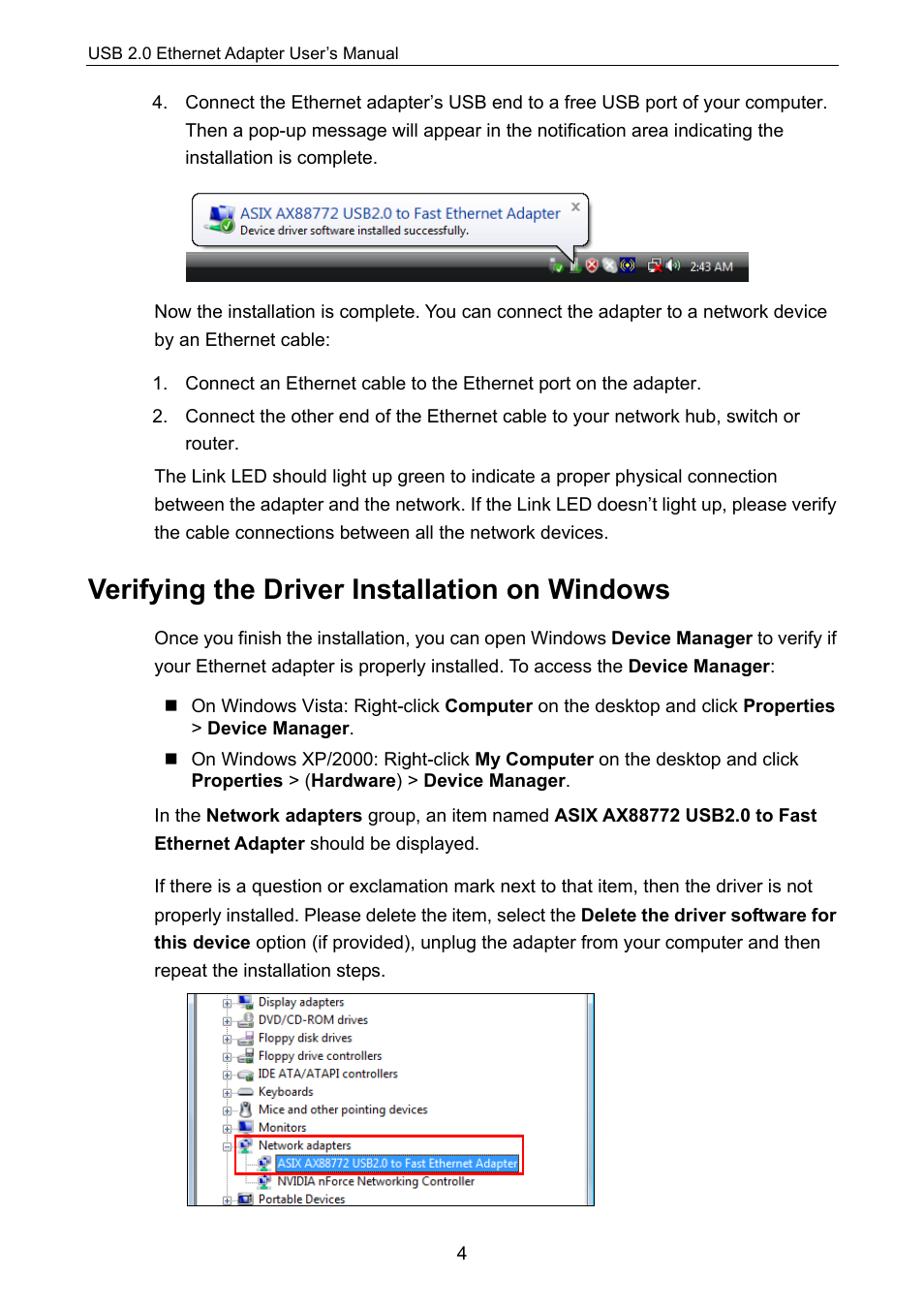 Verifying the driver installation on windows | ConnectGear UE200 User Manual | Page 7 / 13