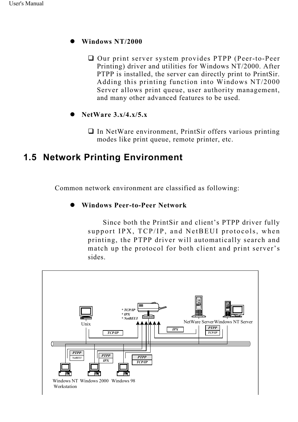 Network printing environment, Windows nt/2000, Netware 3.x/4.x/5.x | ConnectGear GP-10P User Manual | Page 11 / 90
