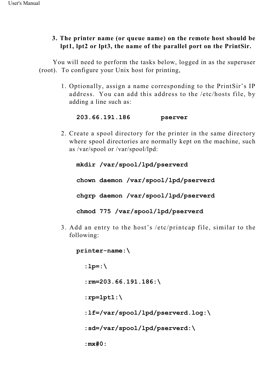 Chown daemon /var/spool/lpd/pserverd, Chgrp daemon /var/spool/lpd/pserverd, Chmod 775 /var/spool/lpd/pserverd | Rp=lpt1, Lf=/var/spool/lpd/pserverd.log, Sd=/var/spool/lpd/pserverd, Mx#0 | ConnectGear GP-10P User Manual | Page 62 / 90