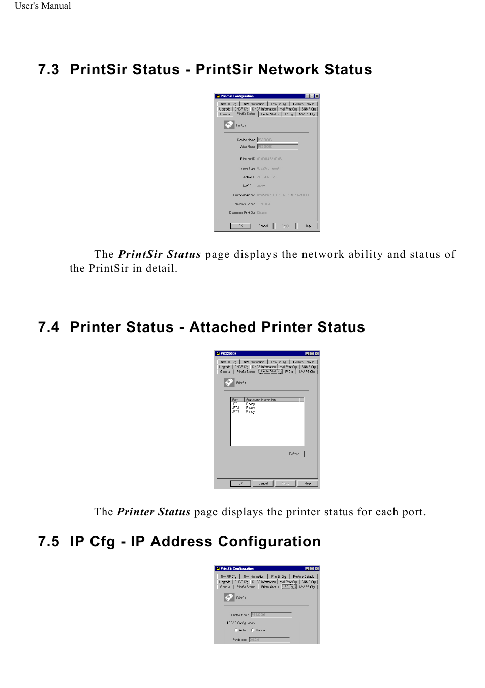 Printsir status - printsir network status, Printer status - attached printer status, Ip cfg - ip address configuration | ConnectGear GP-10P User Manual | Page 66 / 90