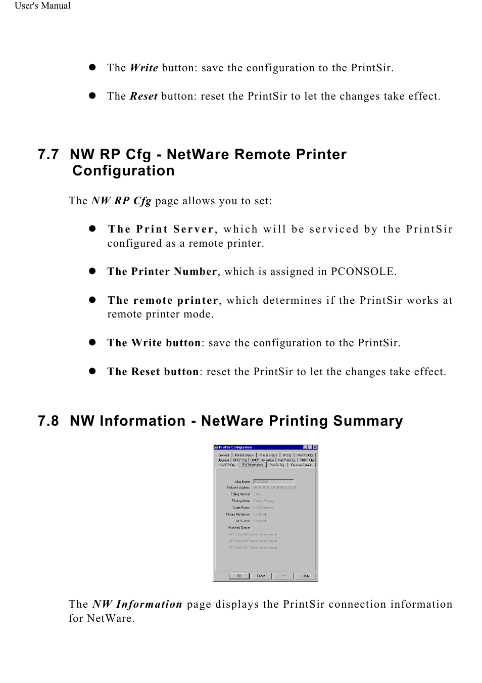 Nw rp cfg - netware remote printer configuration, Nw information - netware printing summary | ConnectGear GP-10P User Manual | Page 68 / 90