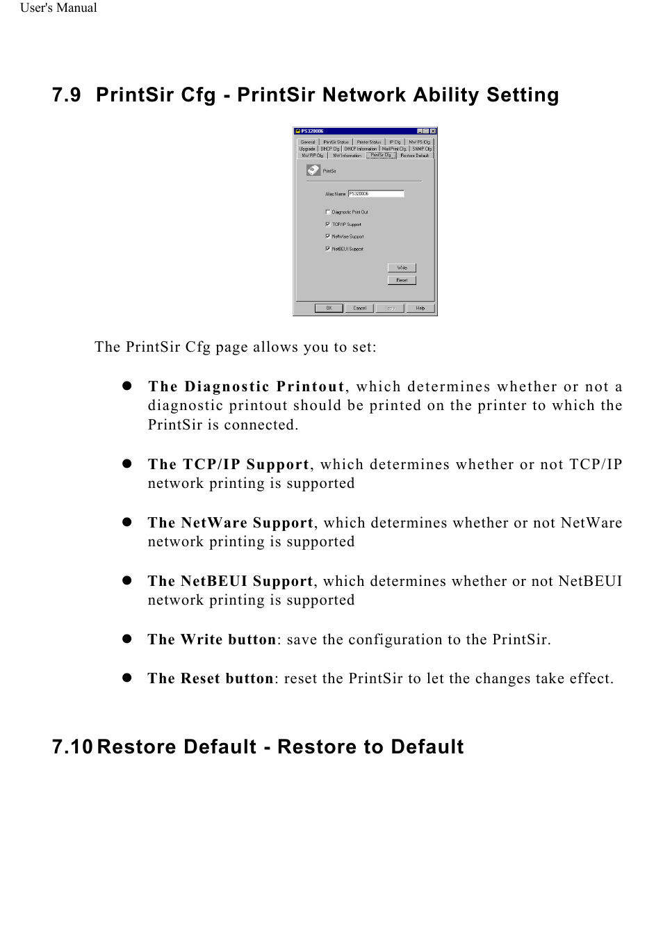 Printsir cfg - printsir network ability setting, Restore default - restore to default | ConnectGear GP-10P User Manual | Page 69 / 90