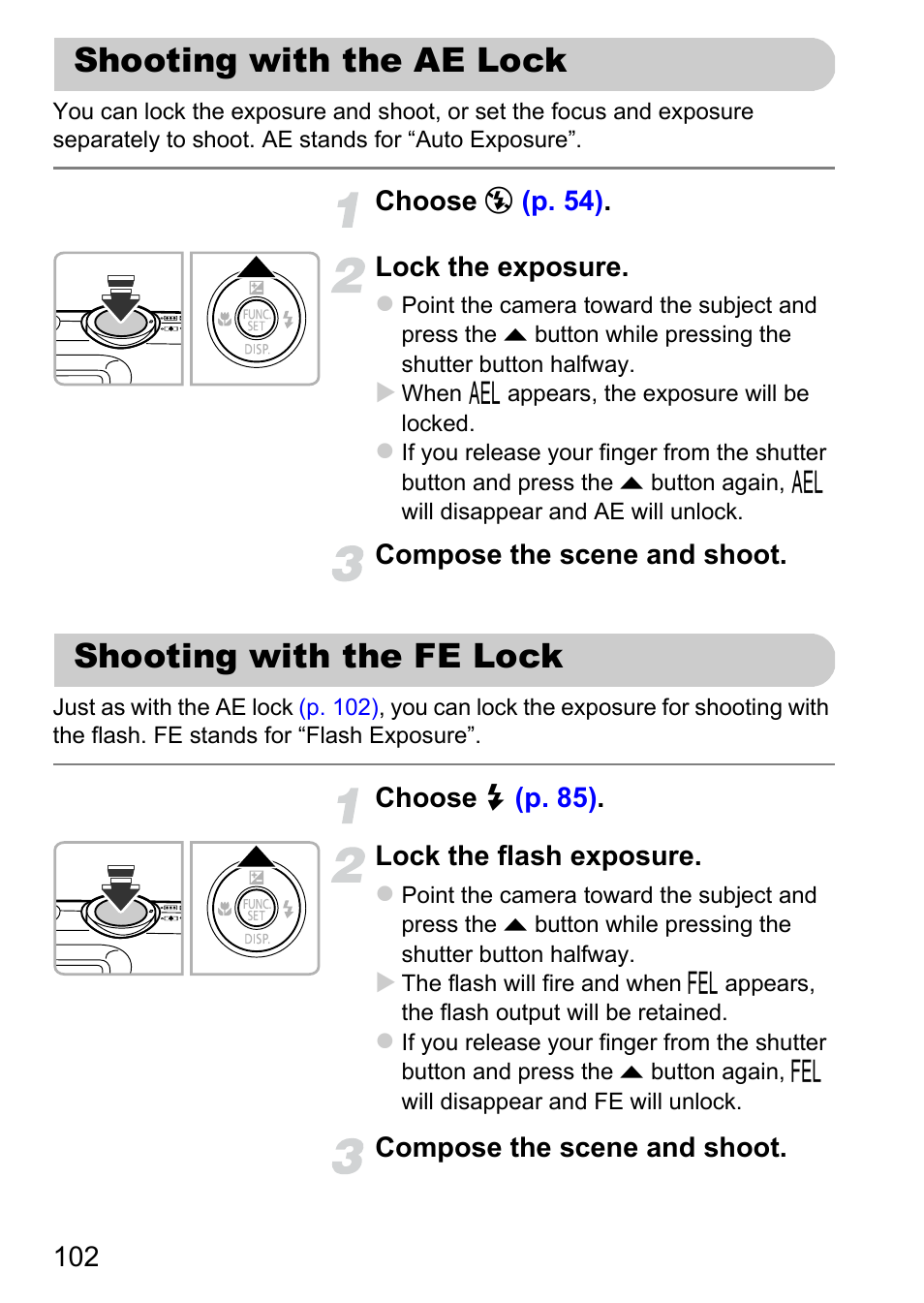 Shooting with the ae lock, Shooting with the fe lock | Canon 220 HS User Manual | Page 102 / 209