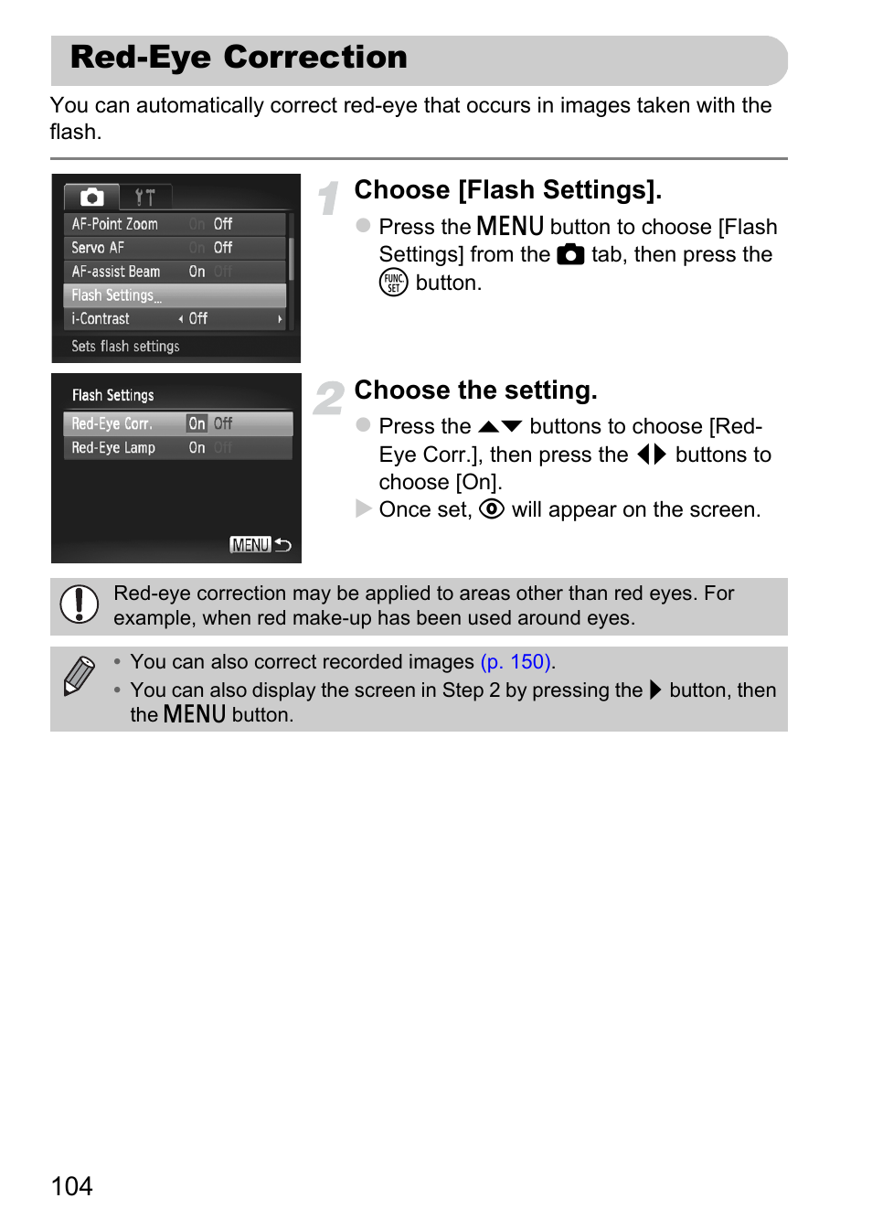 Red-eye correction, Choose [flash settings, Choose the setting | Canon 220 HS User Manual | Page 104 / 209