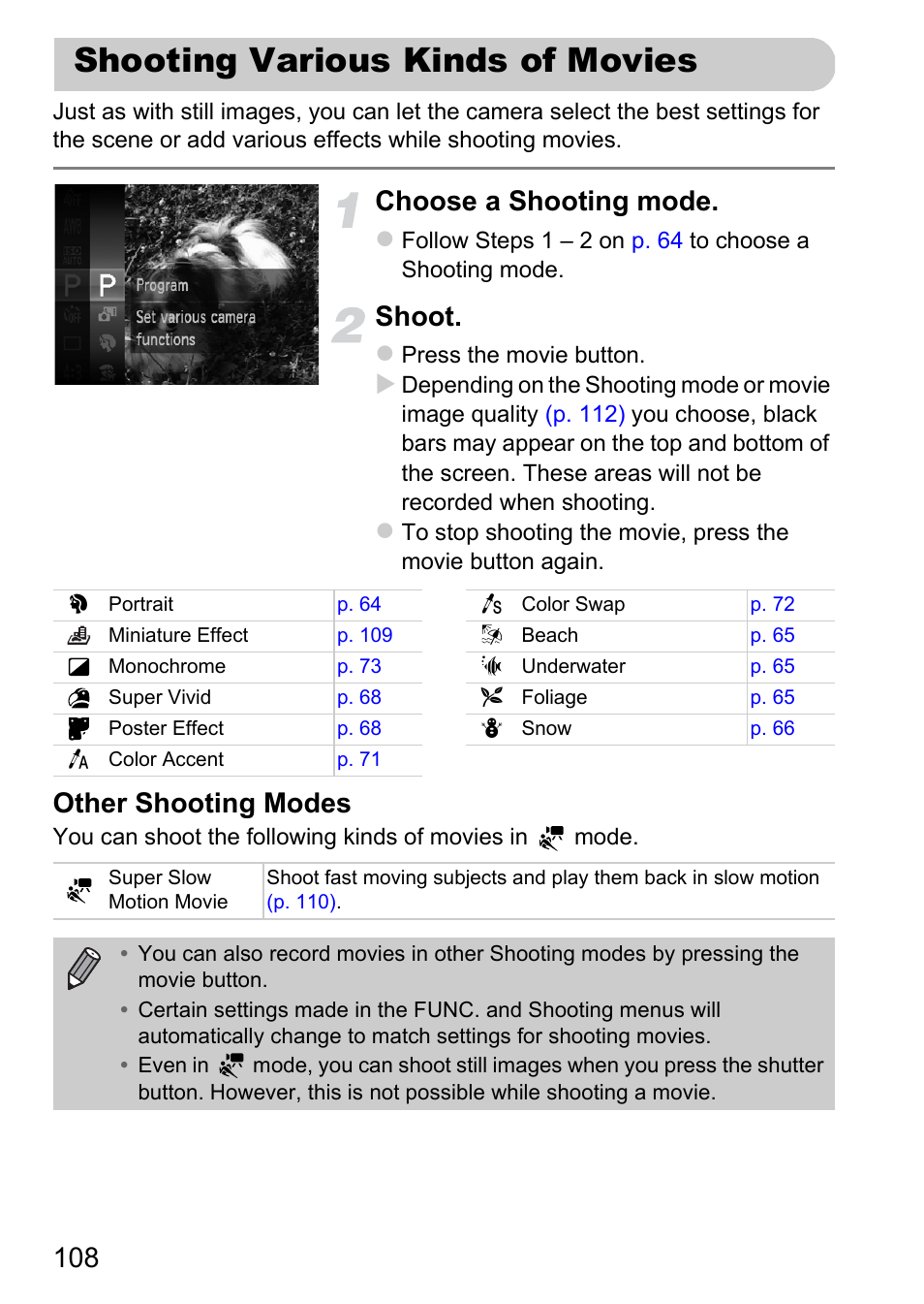 Shooting various kinds of movies, Shooting various kinds of, Movies | Choose a shooting mode, Shoot, Other shooting modes | Canon 220 HS User Manual | Page 108 / 209
