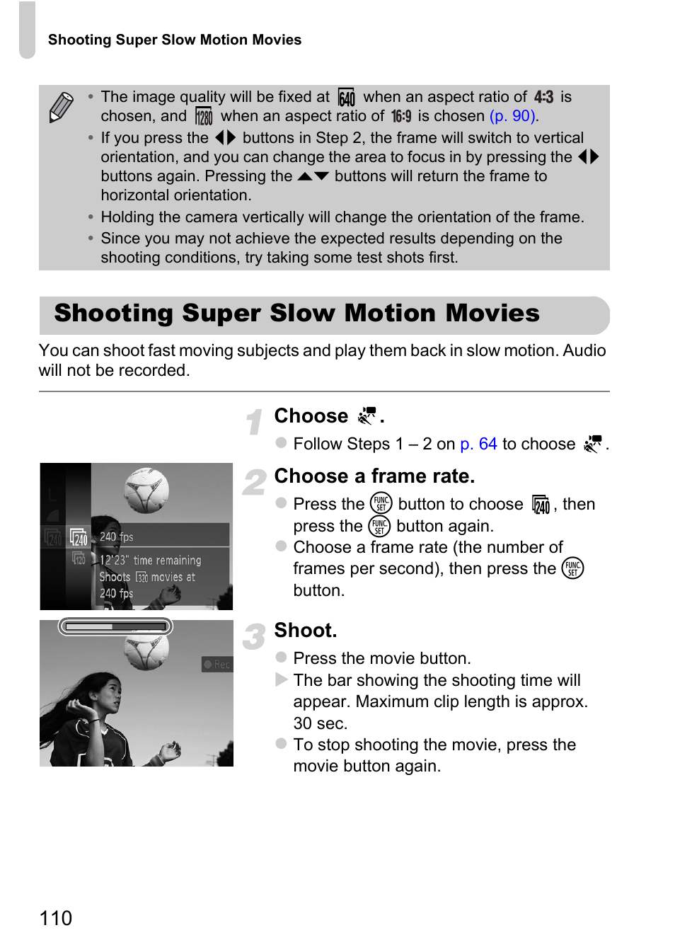 Shooting super slow motion movies, Shooting super slow motion, Movies | P. 110), Choose, Choose a frame rate, Shoot | Canon 220 HS User Manual | Page 110 / 209