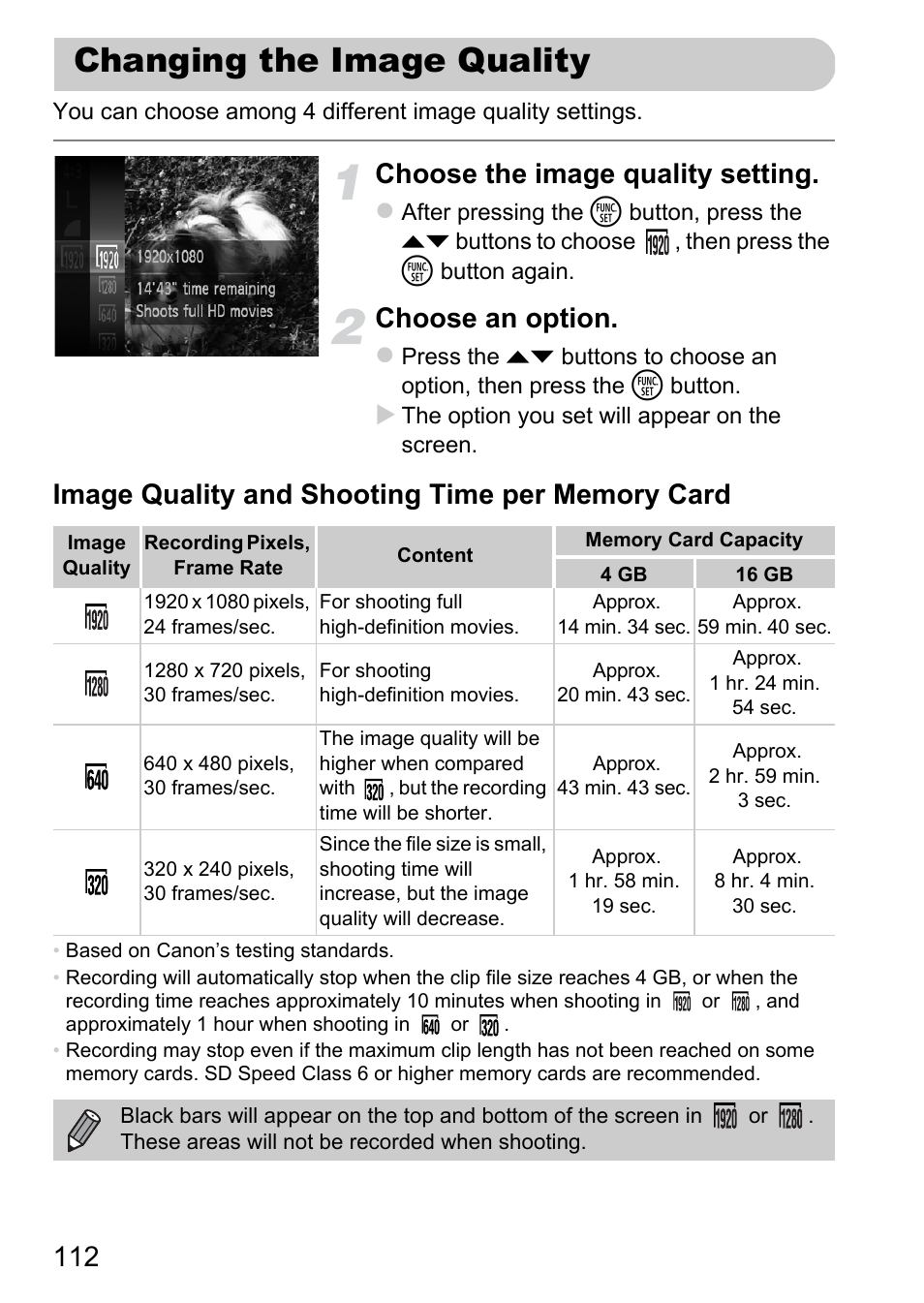 Changing the image quality, P. 112), Choose the image quality setting | Choose an option | Canon 220 HS User Manual | Page 112 / 209