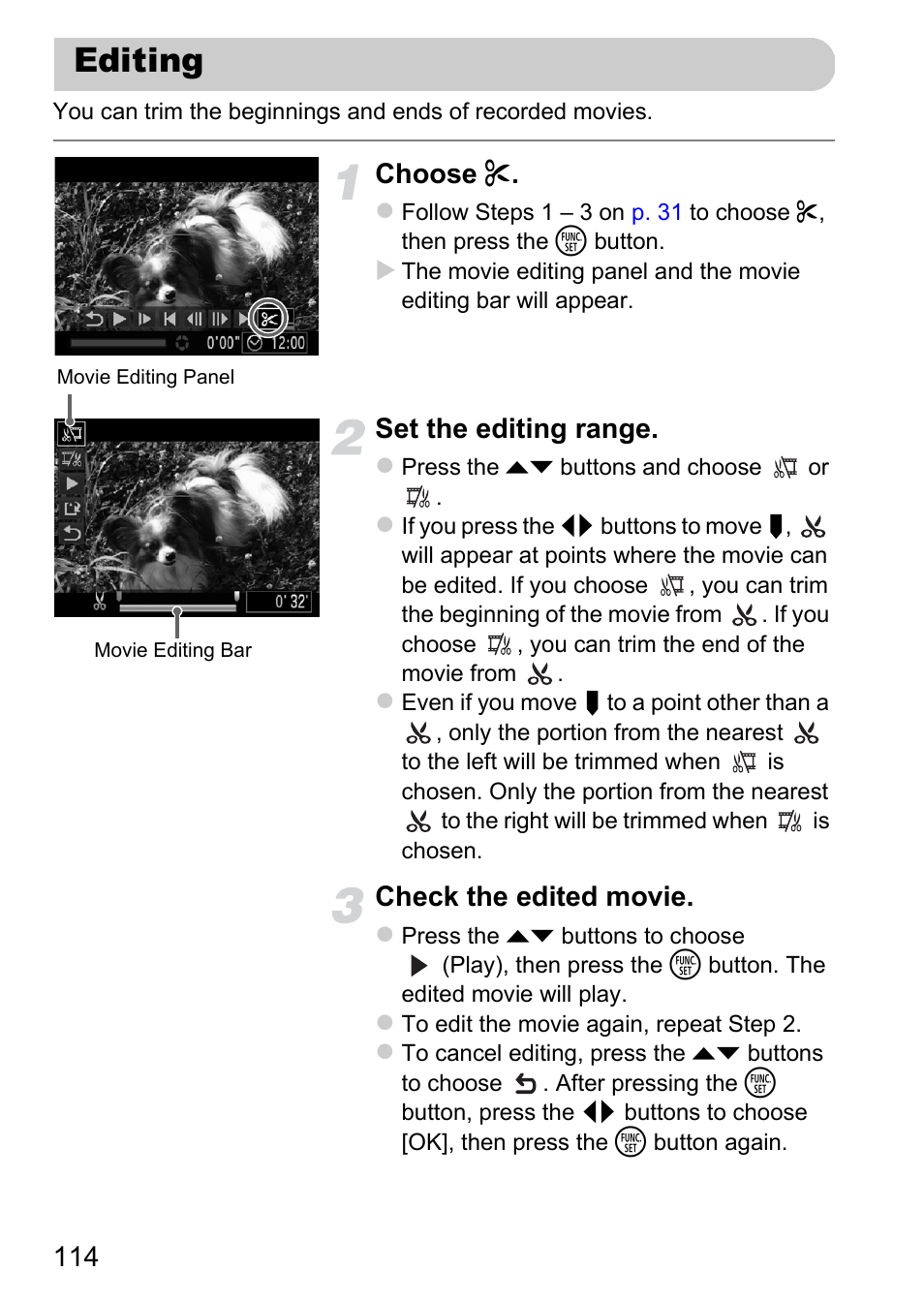 Editing, Choose, Set the editing range | Check the edited movie | Canon 220 HS User Manual | Page 114 / 209