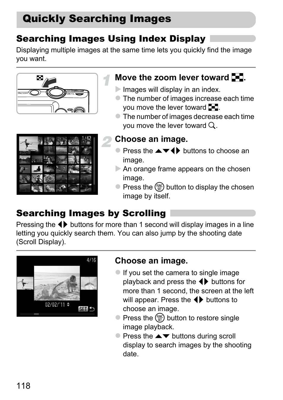 Quickly searching images, P. 118), Pp. 118 | Searching images using index display, Searching images by scrolling | Canon 220 HS User Manual | Page 118 / 209