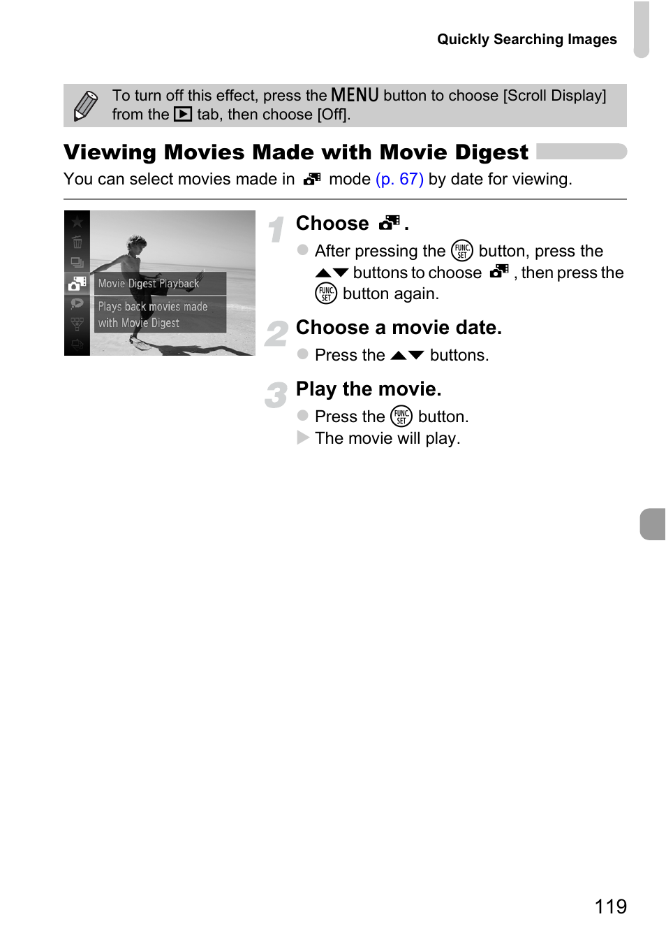 P. 119), Viewing movies made with movie digest, Choose | Choose a movie date, Play the movie | Canon 220 HS User Manual | Page 119 / 209